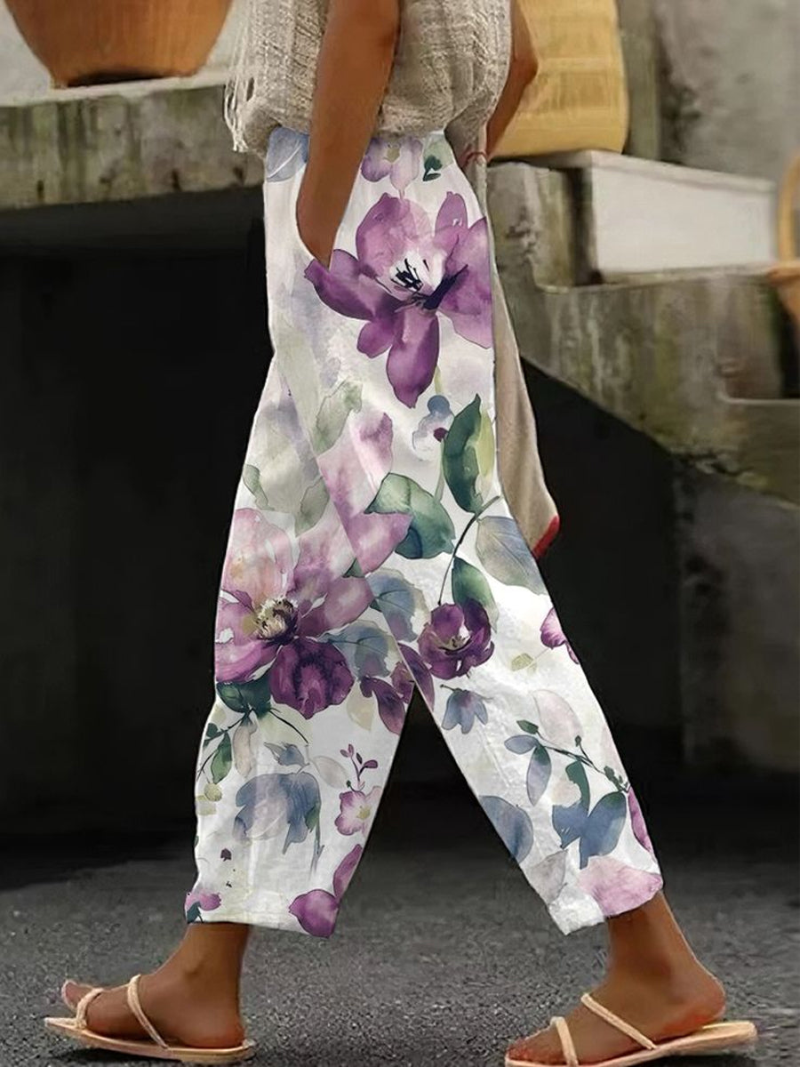 Women's Alzheimer's Awareness Purple Flower Printed Cotton Linen Pants