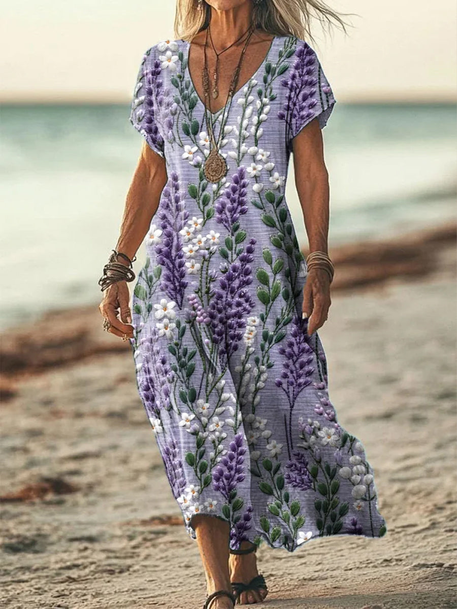 Women's Alzheimer's Awareness Purple Flower Printed Cotton Linen Short Sleeve Maxi Dress