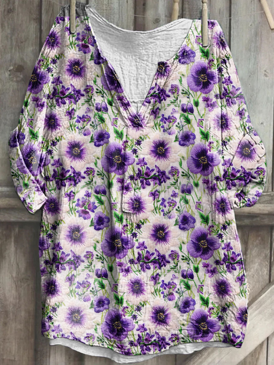 Women's Alzheimer's Awareness Purple Flower Printed Cotton Linen Long Sleeve Shirt