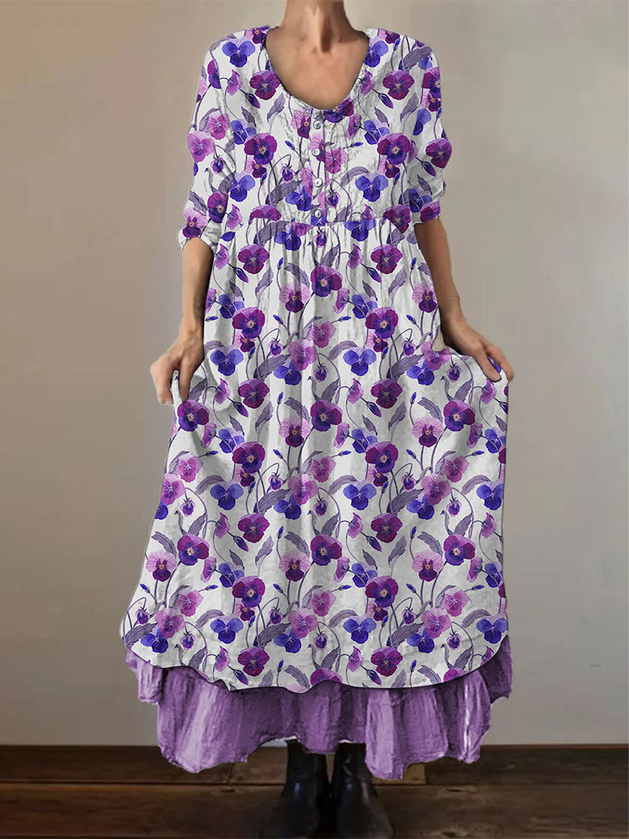 Women's Alzheimer's Floral Printed Cotton Linen Long Sleeve Long Skirt