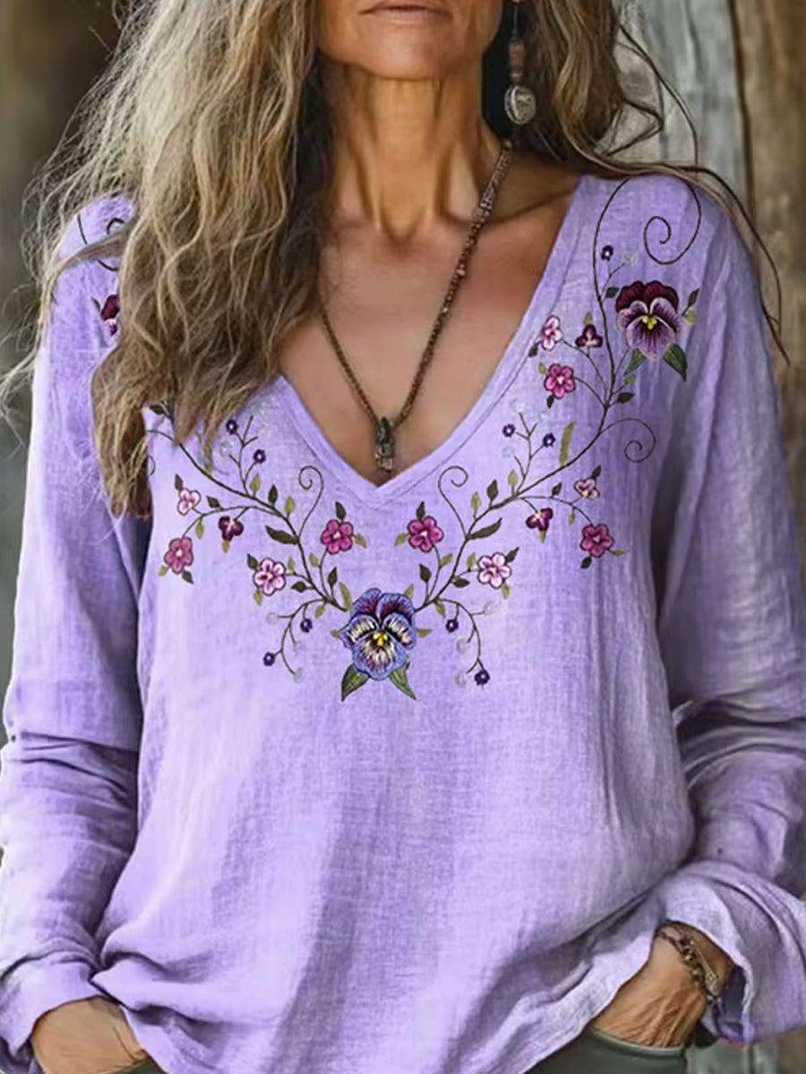 Women's Alzheimer's Floral Printed V-Neck Casual Long Sleeve T-Shirt