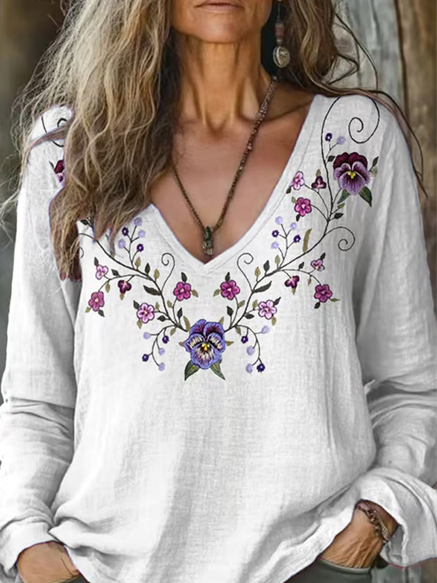 Women's Alzheimer's Floral Printed V-Neck Casual Long Sleeve T-Shirt