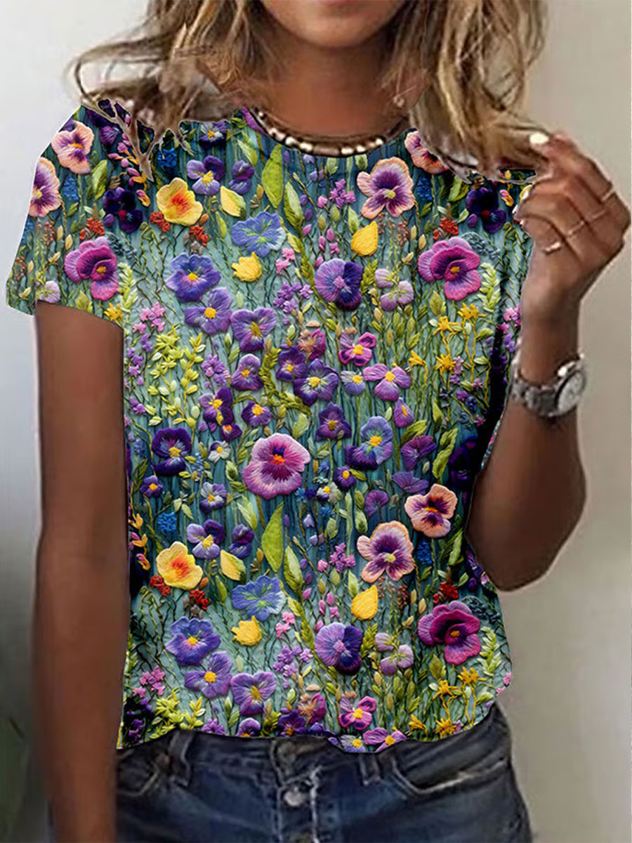 Women's Alzheimer's Awareness Purple Floral Printed Short-sleeved T-shirt