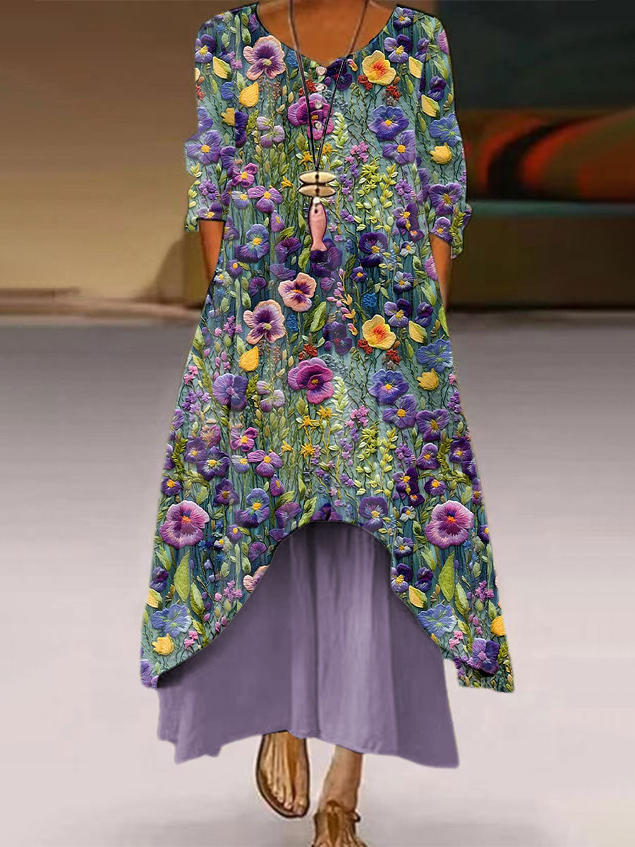 Women's Alzheimer's Awareness Purple Floral Printed V-Neck Elegant Chic Loose Long Sleeve Maxi Dress