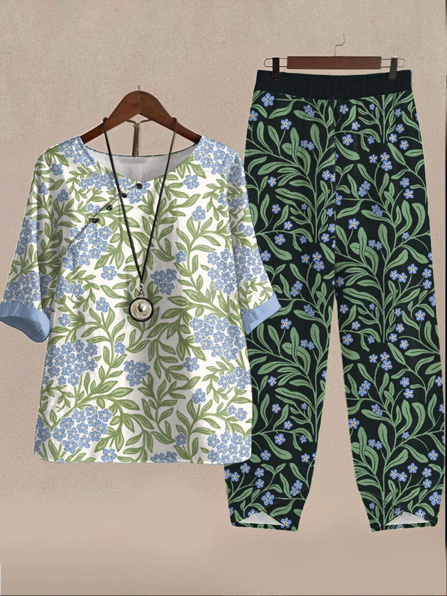 Women's Alzheimer's Awareness Forget Me Not Floral Pansy Printed Two Piece Sets
