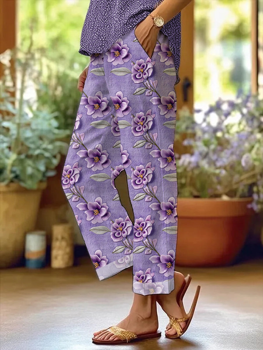 Women's Purple Floral Print Alzheimer's Awareness Support Pants