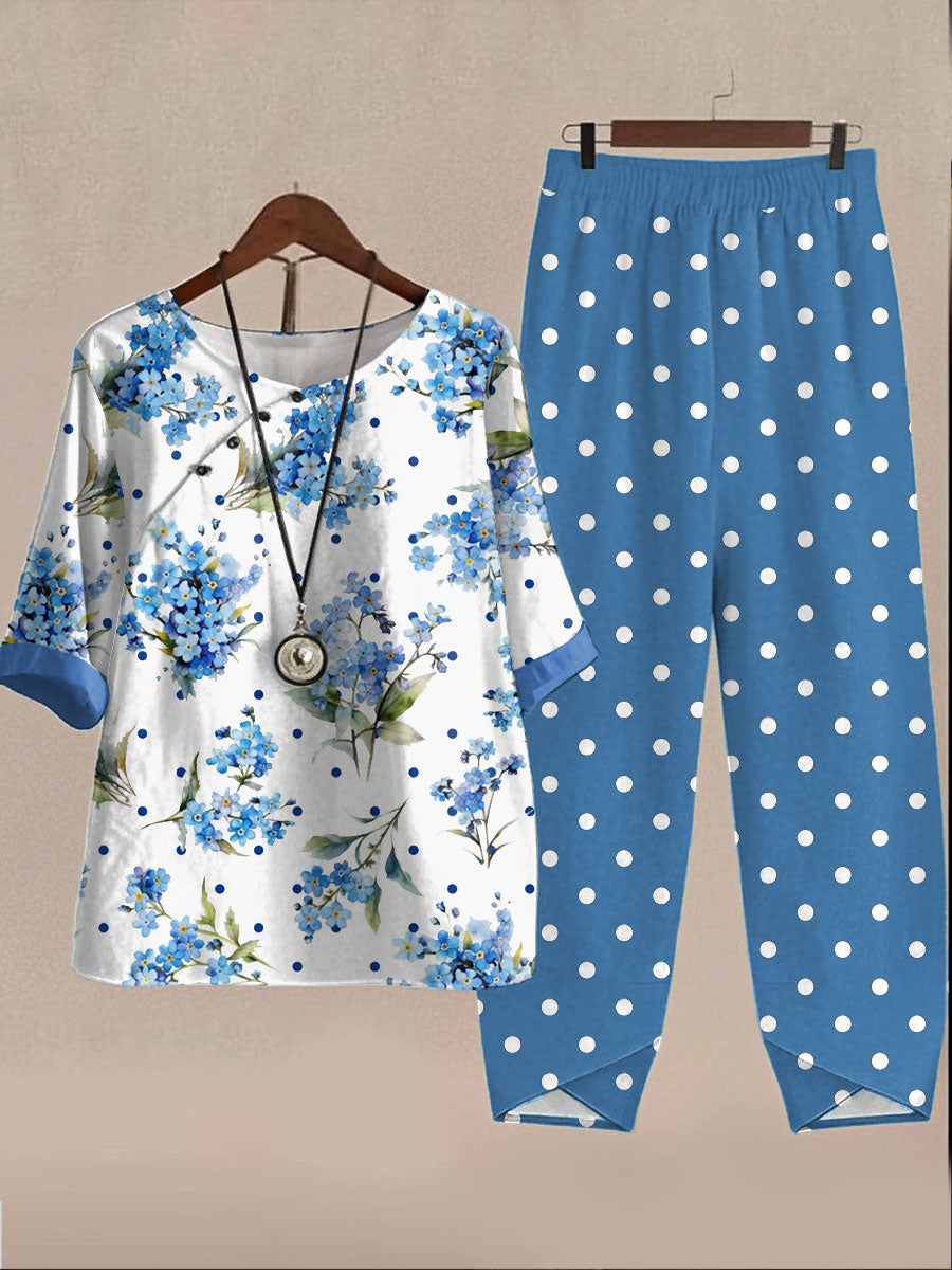 Women's Alzheimer's Awareness Blue Floral Foeget Me Not Printed Two Piece Sets