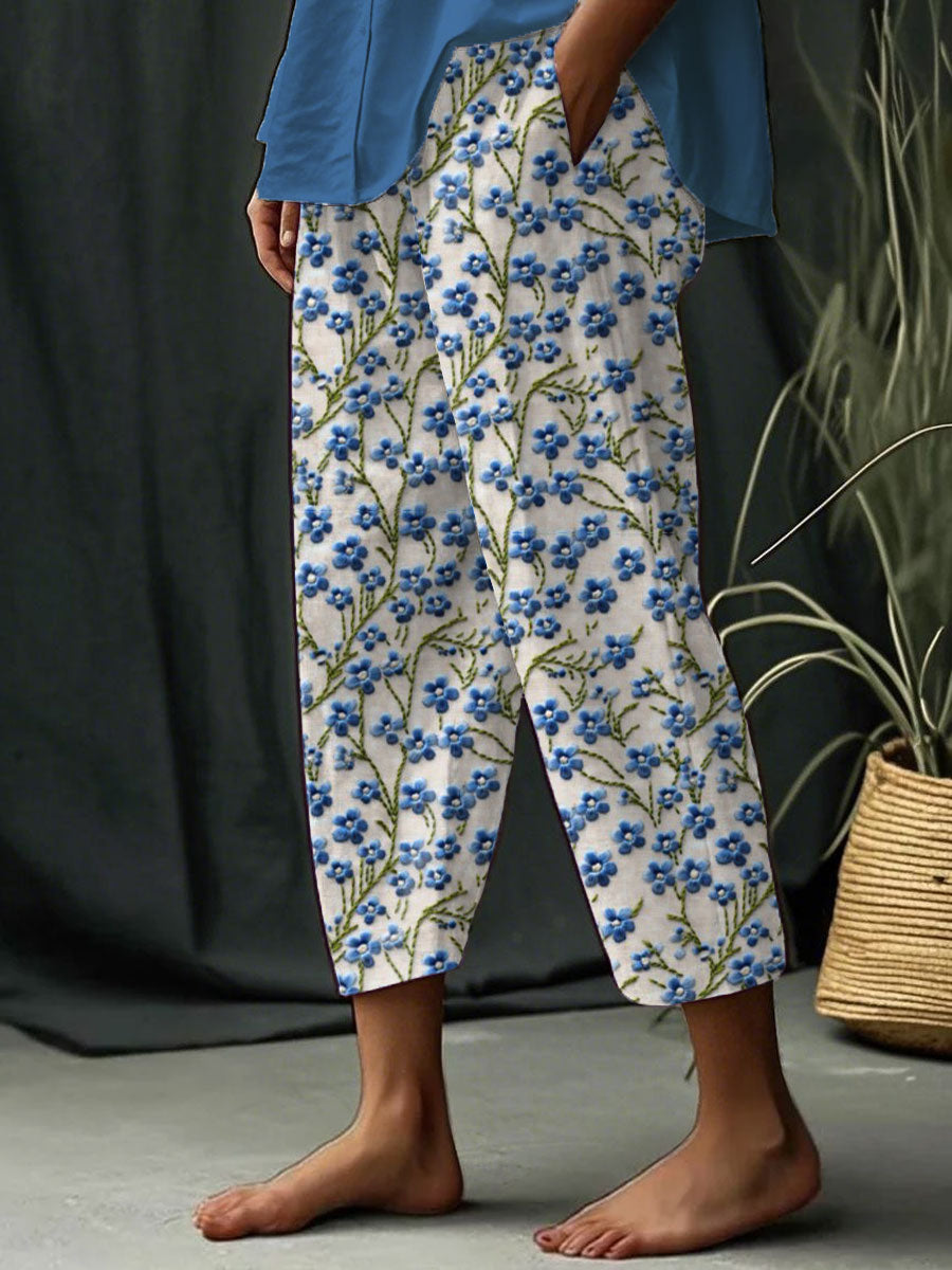 Women's Alzheimer's Awareness Forget Me Not Blue Floral Printed Pants