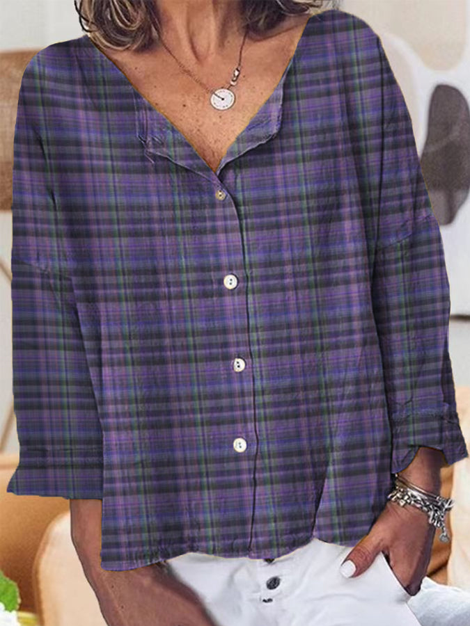 Women's Casual Purple Plaid Printed Cotton Linen Shirt