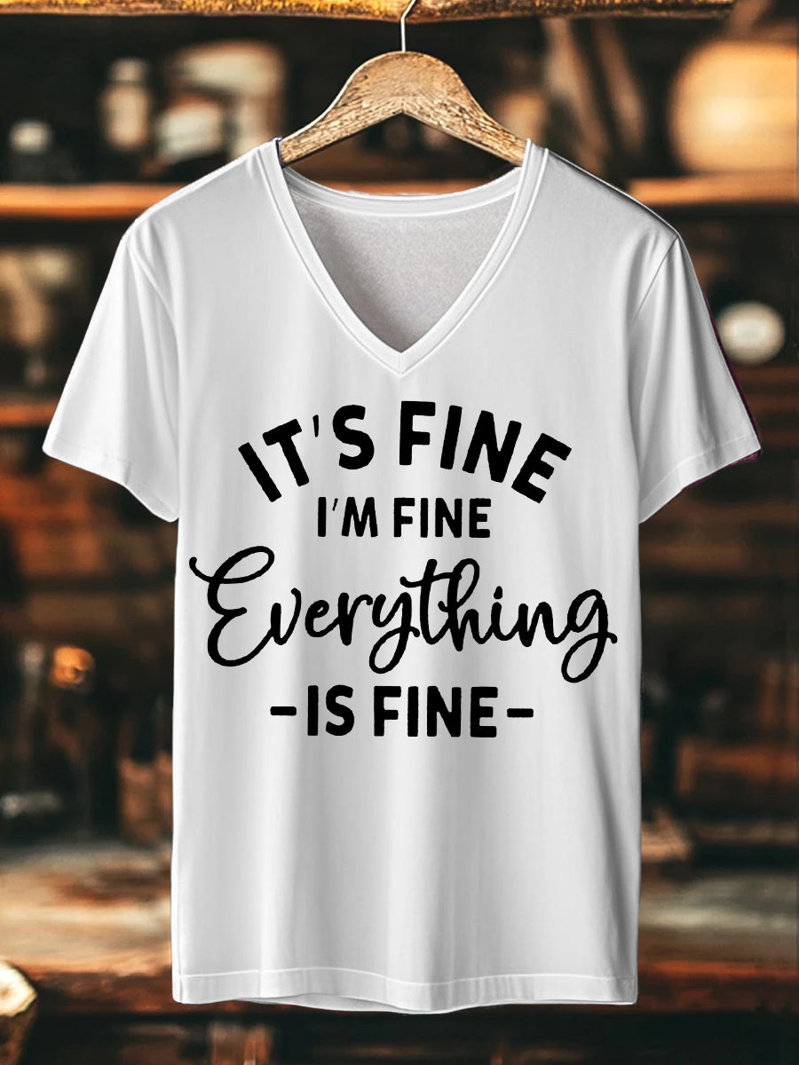 Women's It's Fine I'm Fine Everything is Fine Gradient Print Casual V-Neck Tee