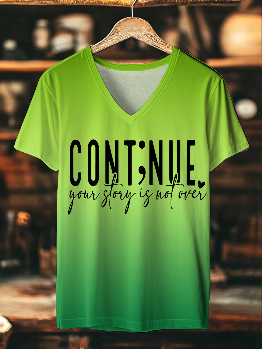 Women's Continue Your Story Is Not Over Gradient Print Mental Health V-Neck Tee