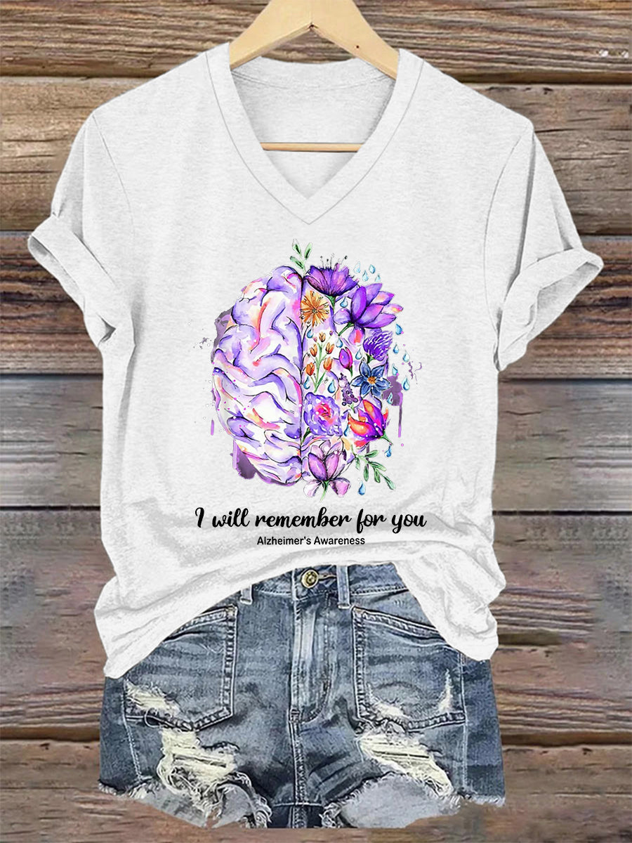 Women's I Will Remember For You Alzheimer's Awareness Support V-Neck Tee