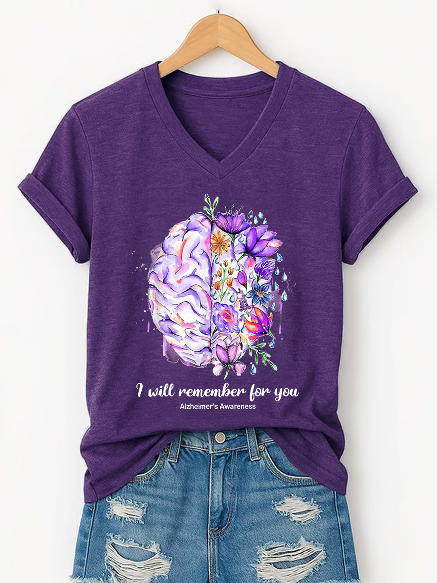 Women's I Will Remember For You Alzheimer's Awareness Support V-Neck Tee