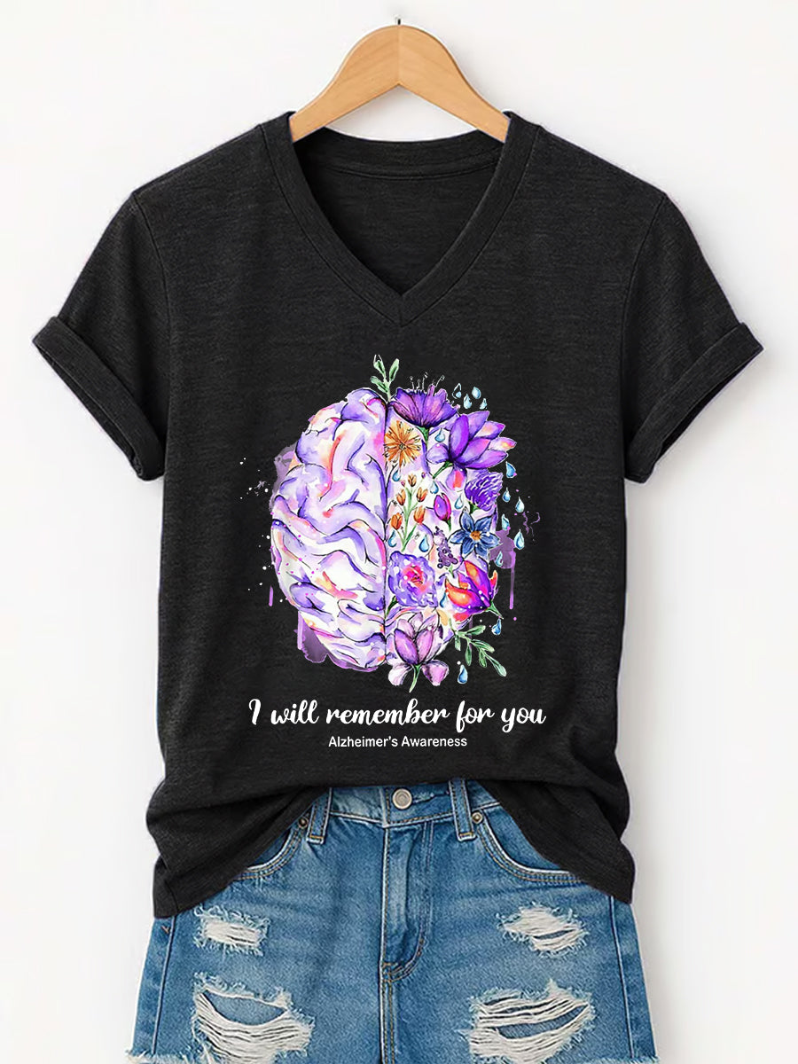 Women's I Will Remember For You Alzheimer's Awareness Support V-Neck Tee