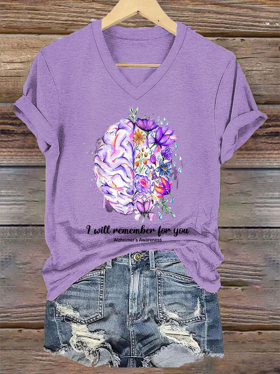 Women's I Will Remember For You Alzheimer's Awareness Support V-Neck Tee