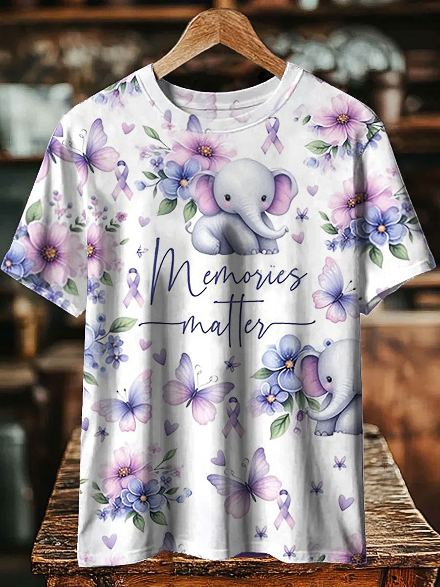 Unisex Alzheimer's Awareness Floral Printed Short Sleeve T-Shirt