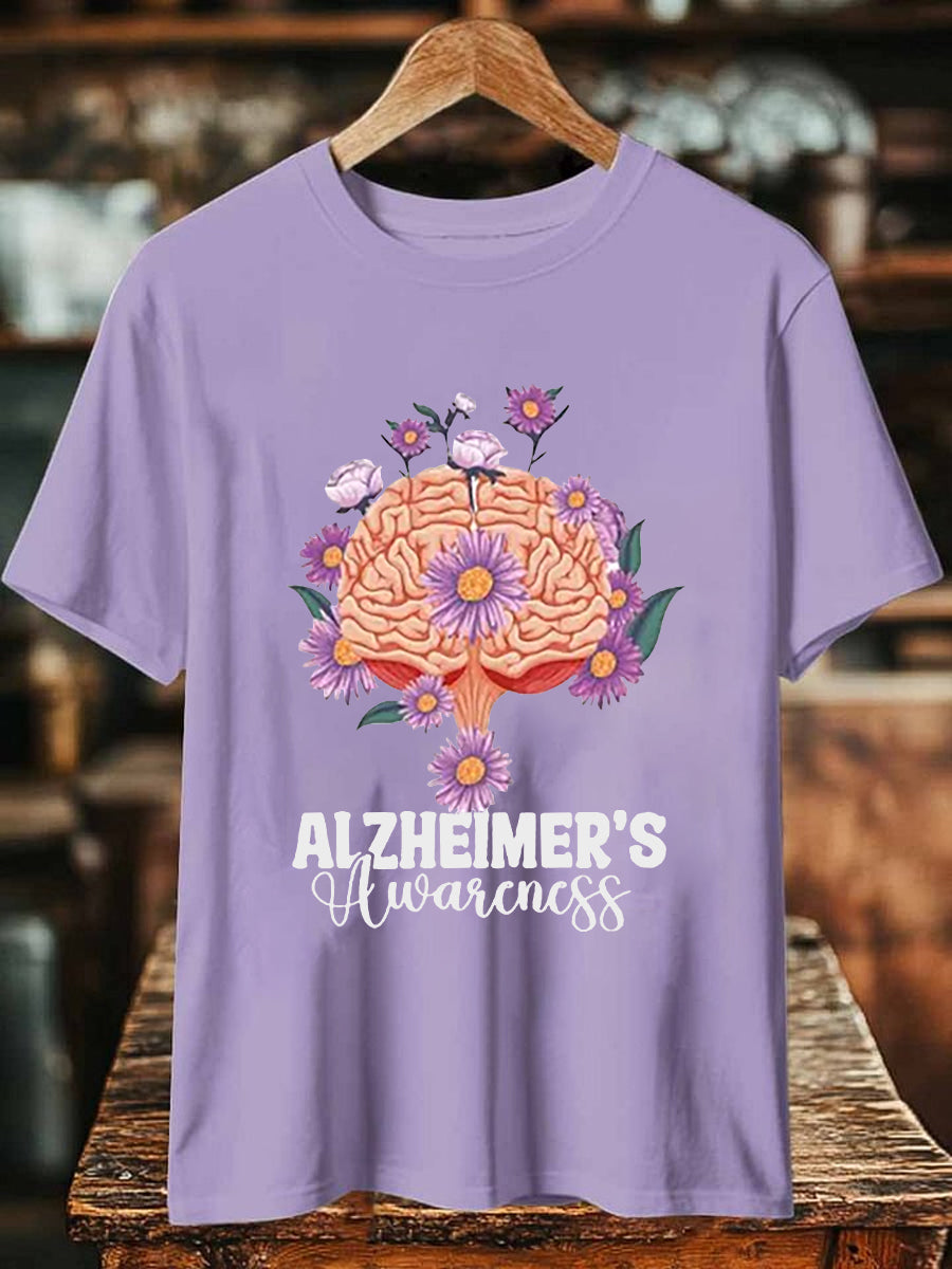 Women's Alzheimer's Awareness Floral Printed Short Sleeve T-Shirt