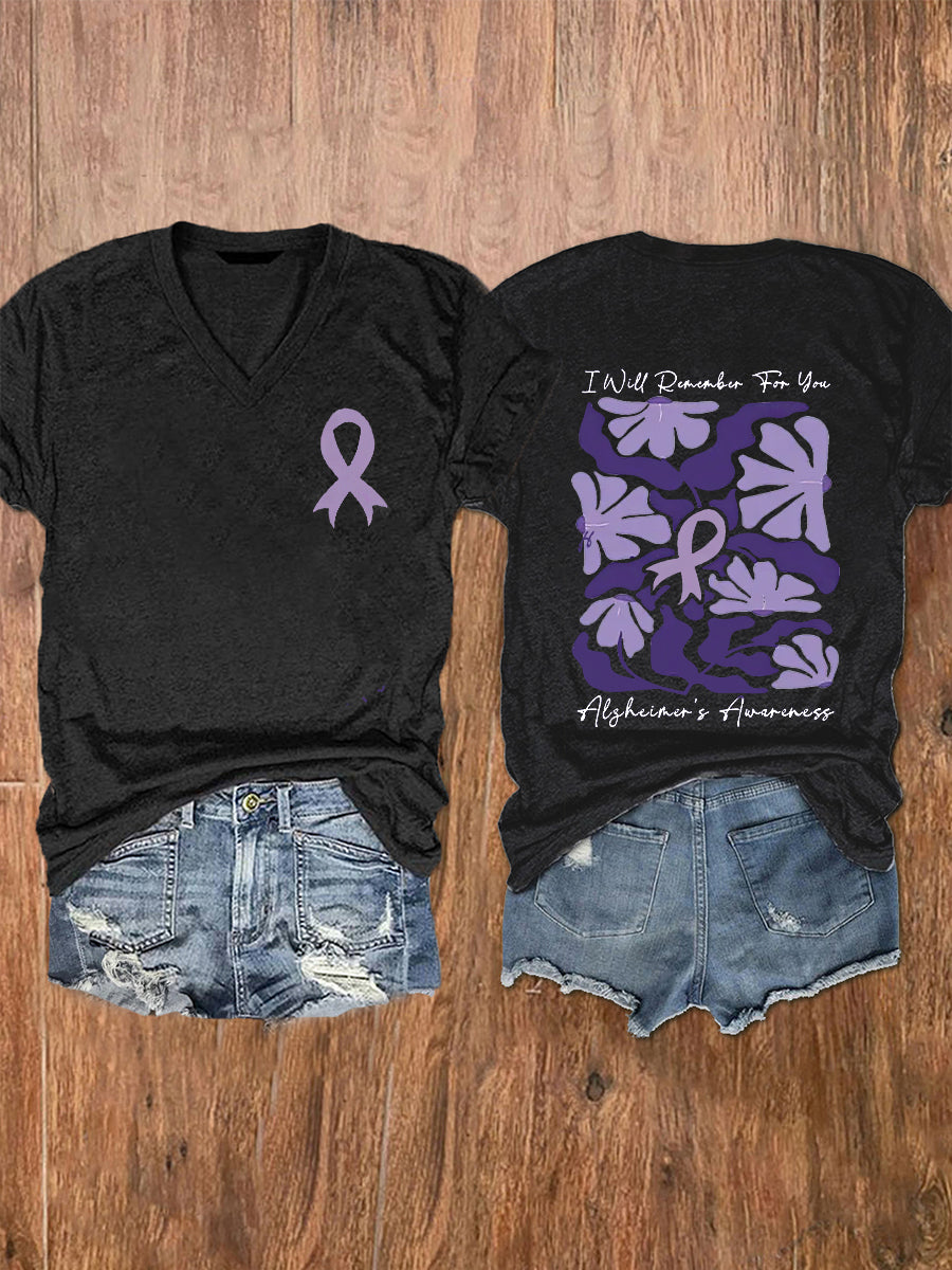 Women's Alzheimer's Awareness I Will Remember For You Floral Printed Short Sleeve T-Shirt