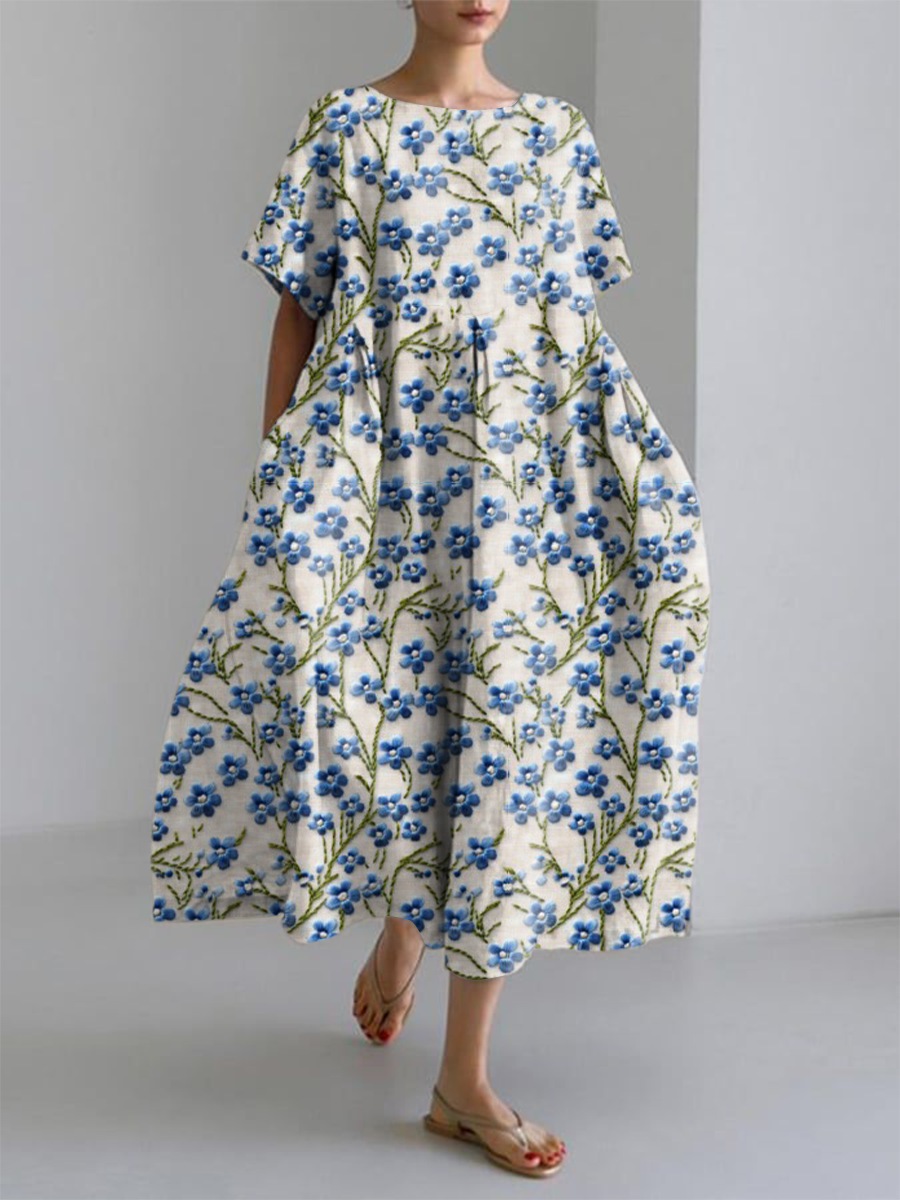 Women's Alzheimer's Awareness Blue Floral Forget Me No Printed Dresses
