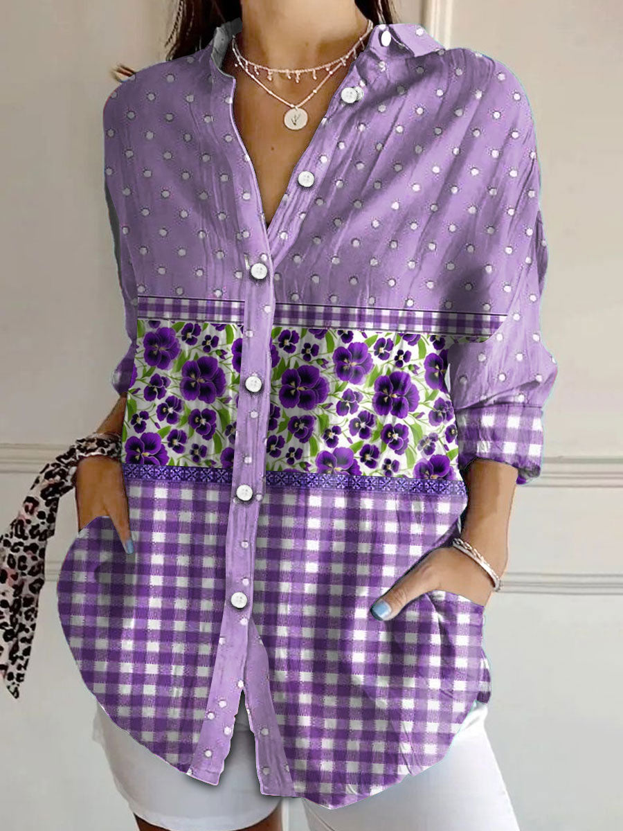 Women's Alzheimer's Awareness Purple Floral Pansy Printed Shirt