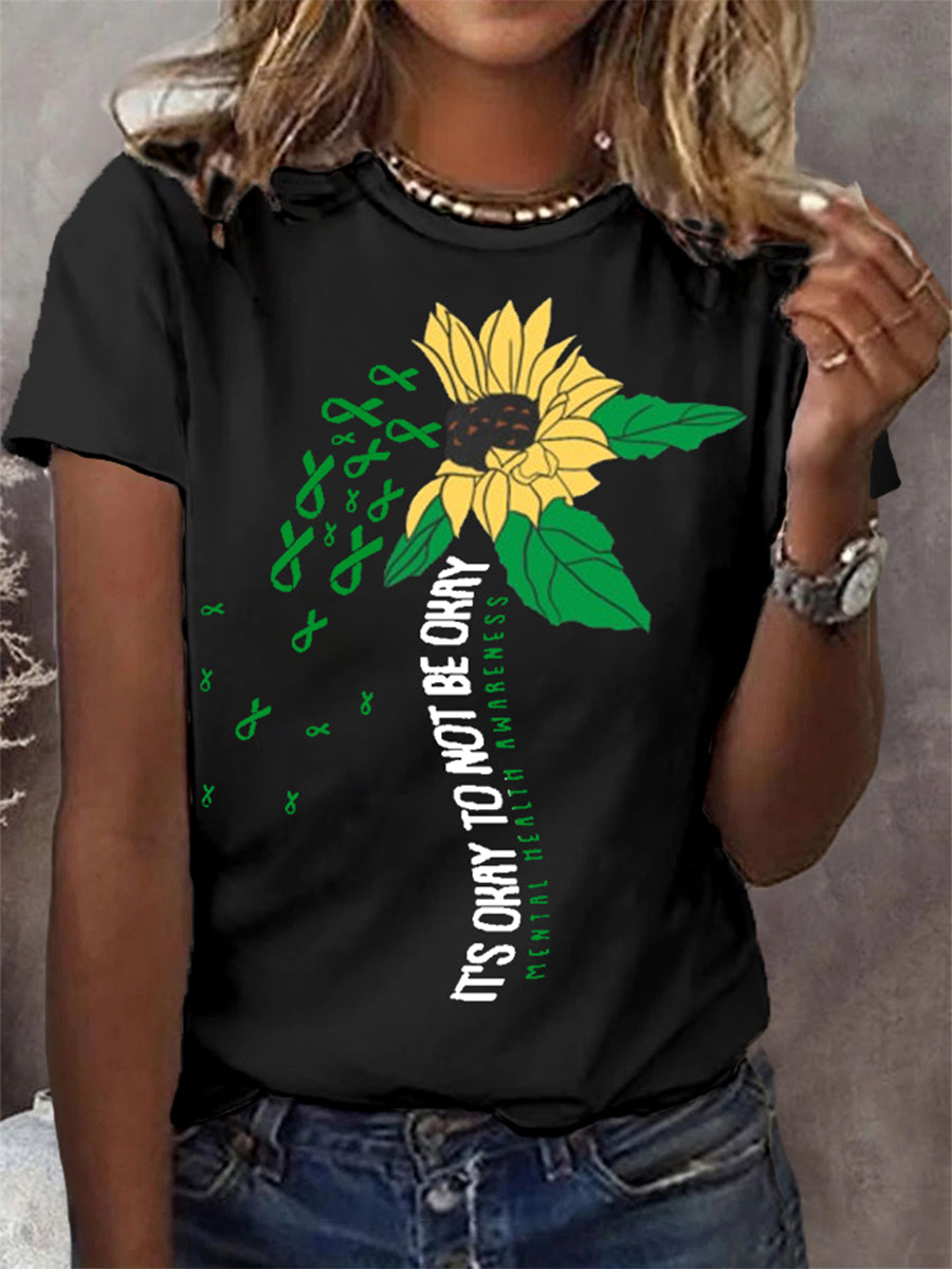 Women's It's Okay To Not Be Okay Mental Health Awareness Green Ribbon Sunflower Print Tee