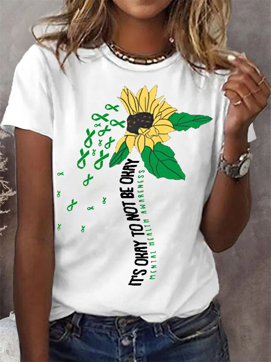 Women's It's Okay To Not Be Okay Mental Health Awareness Green Ribbon Sunflower Print Tee