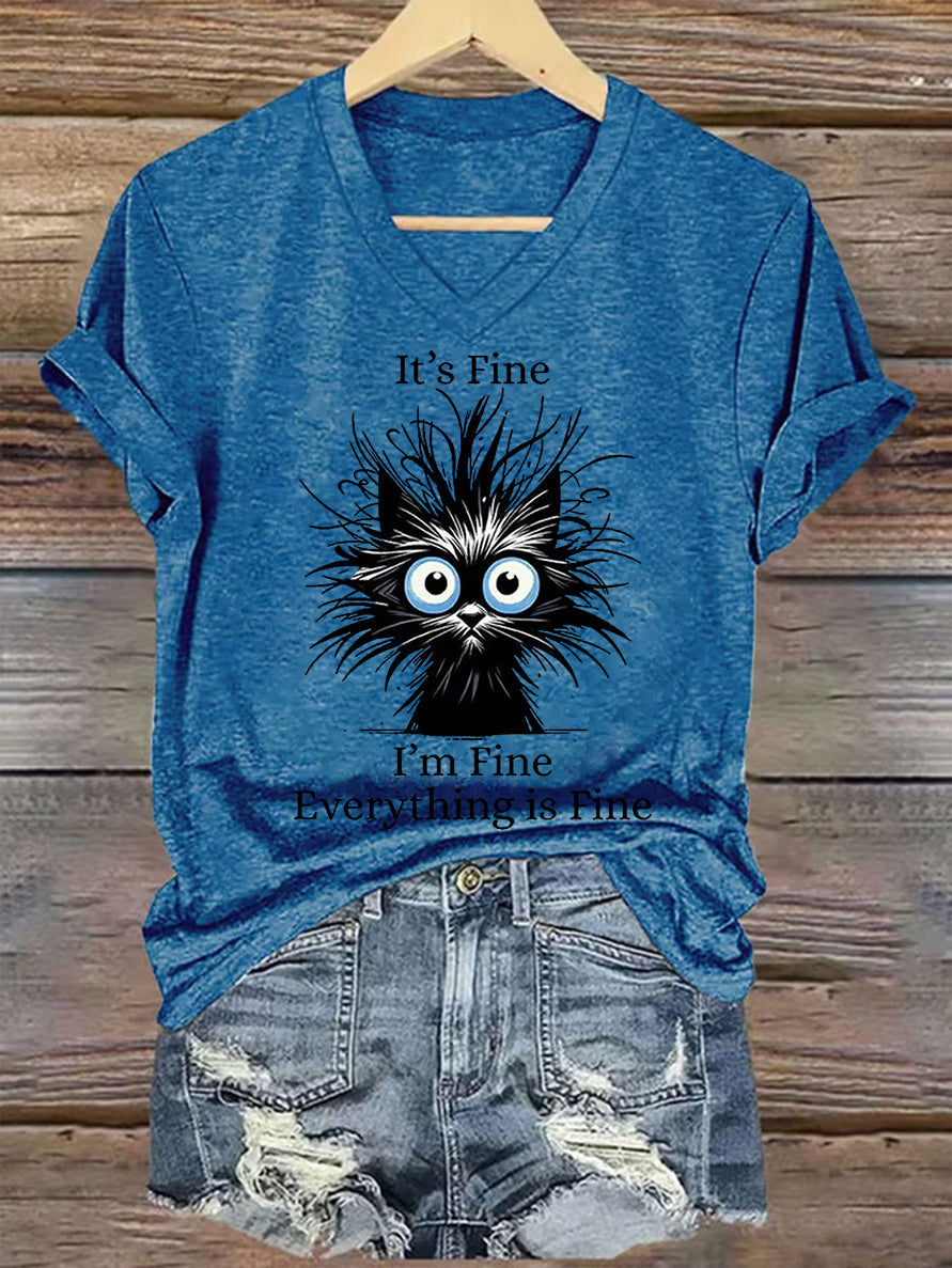 Women's It's Fine I'm Fine Everything Is Fine Casual V-Neck Tee