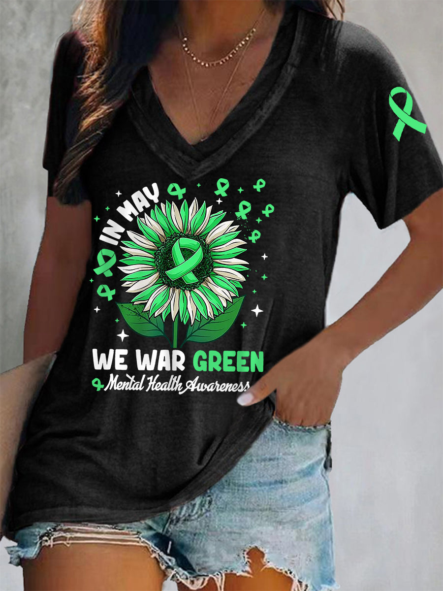 Women's In May We Wear Green Mental Health Awareness V-Neck Tee
