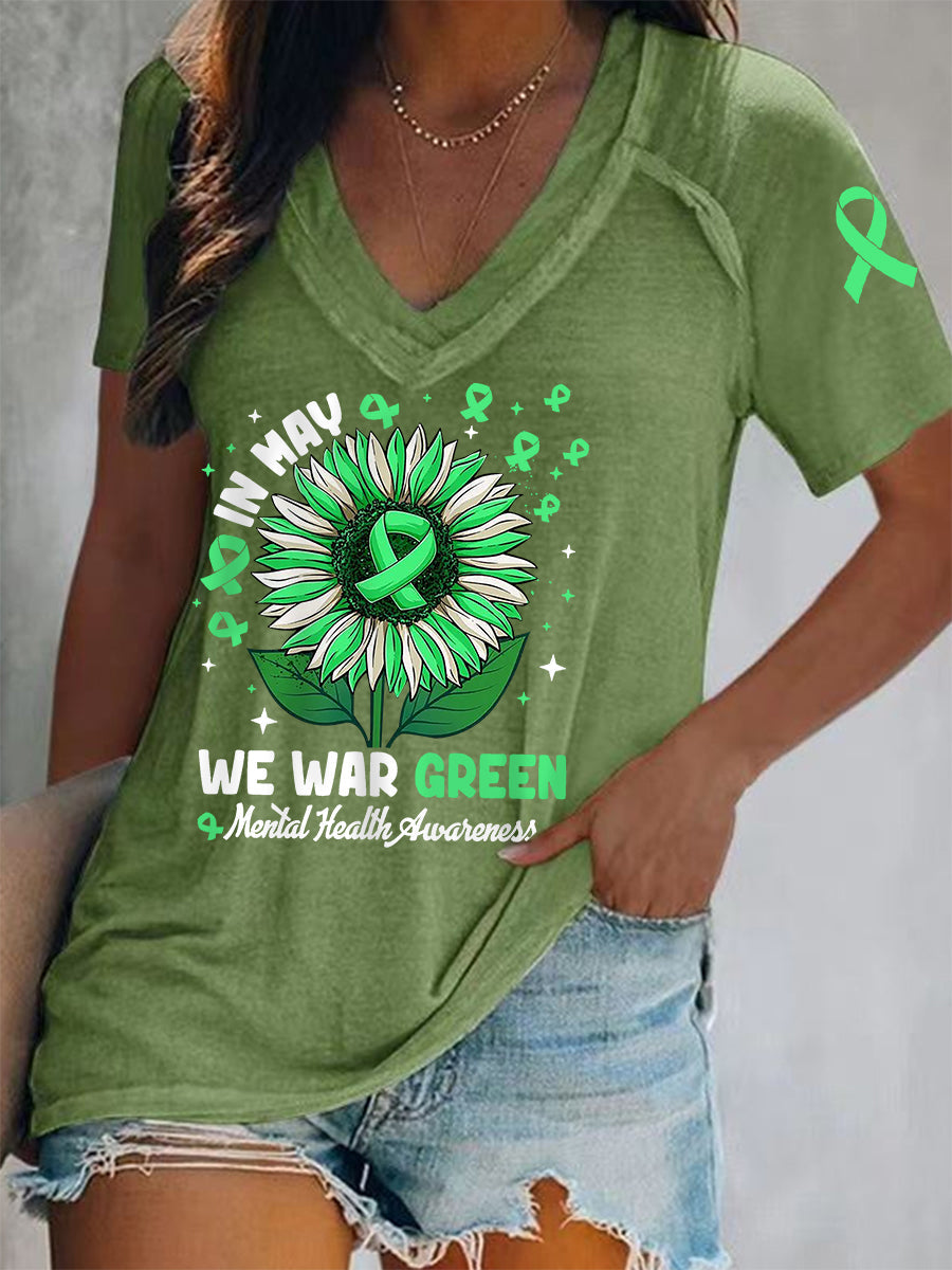 Women's In May We Wear Green Mental Health Awareness V-Neck Tee