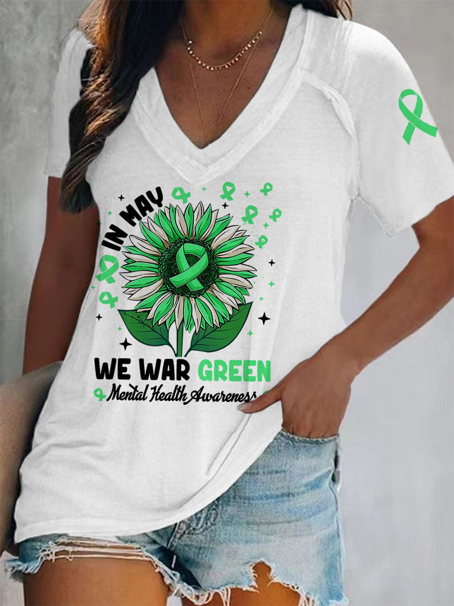 Women's In May We Wear Green Mental Health Awareness V-Neck Tee