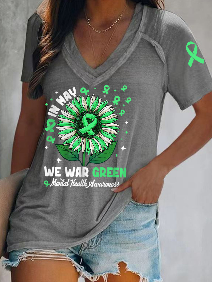 Women's In May We Wear Green Mental Health Awareness V-Neck Tee