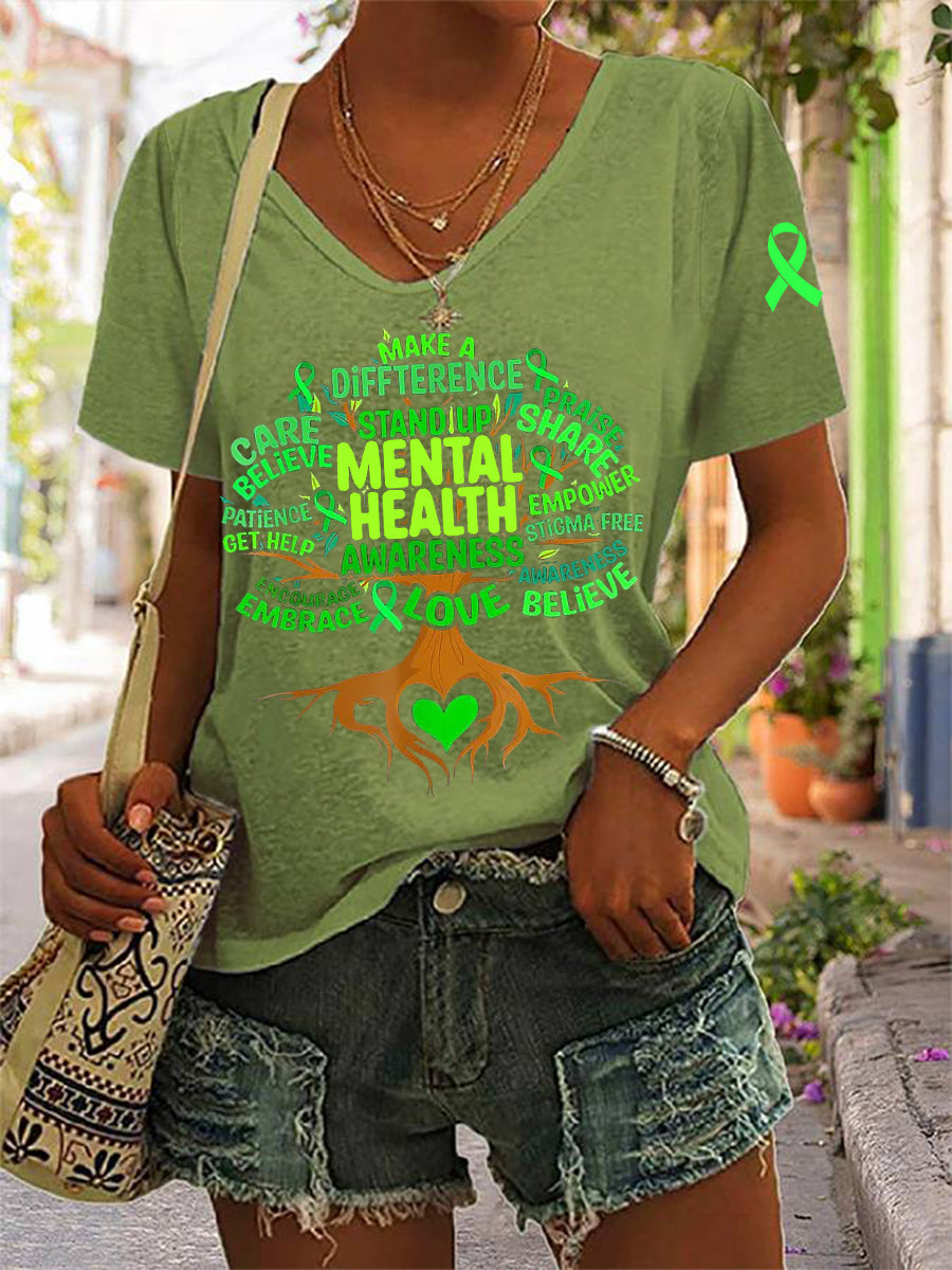 Women's In May We Wear Green Mental Health Awareness V-Neck Tee