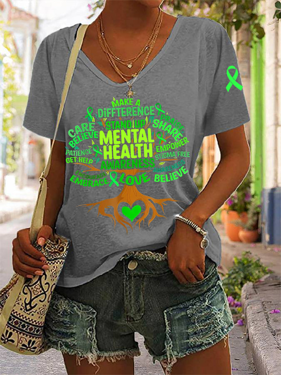 Women's In May We Wear Green Mental Health Awareness V-Neck Tee