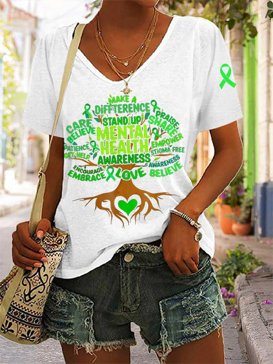 Women's In May We Wear Green Mental Health Awareness V-Neck Tee