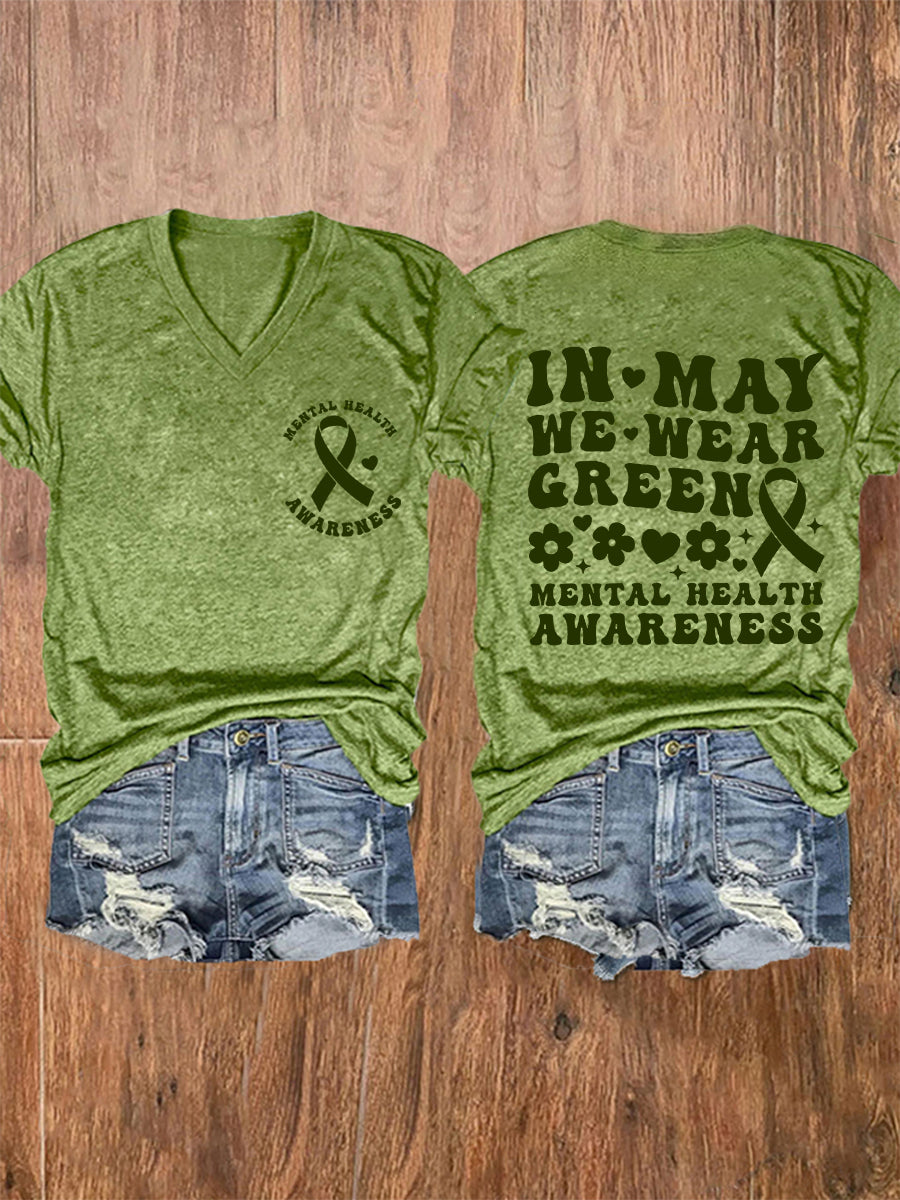Women's In May We Wear Green Mental Health Awareness V-Neck Tee
