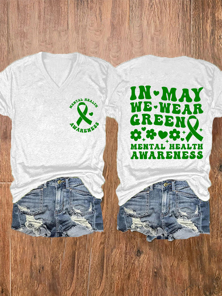 Women's In May We Wear Green Mental Health Awareness V-Neck Tee