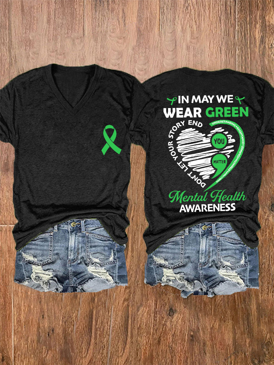 Women's In May We Wear Green Mental Health Awareness V-Neck Tee