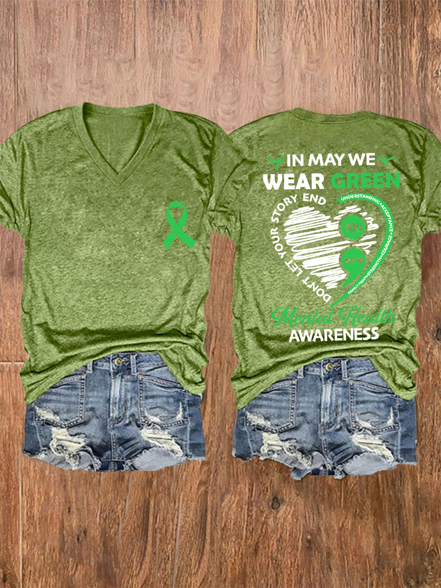 Women's In May We Wear Green Mental Health Awareness V-Neck Tee