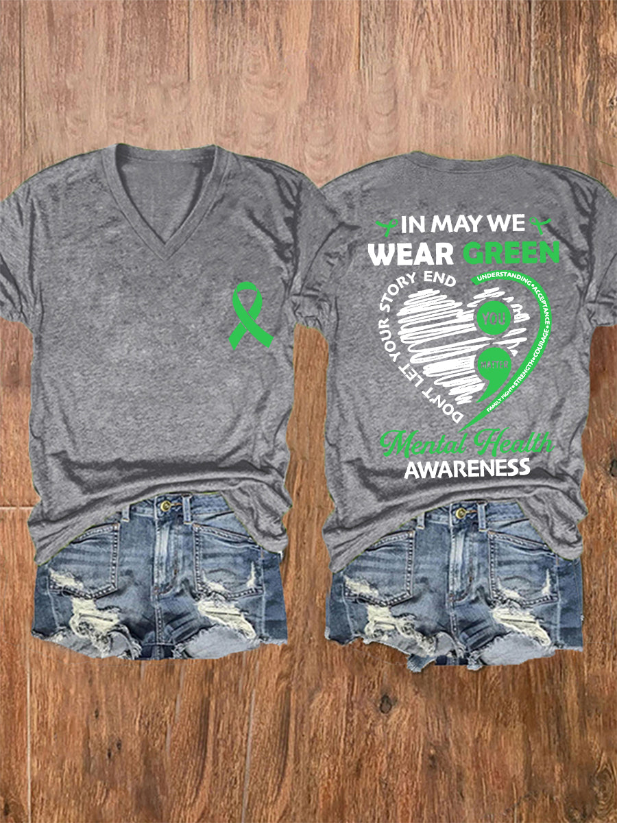 Women's In May We Wear Green Mental Health Awareness V-Neck Tee