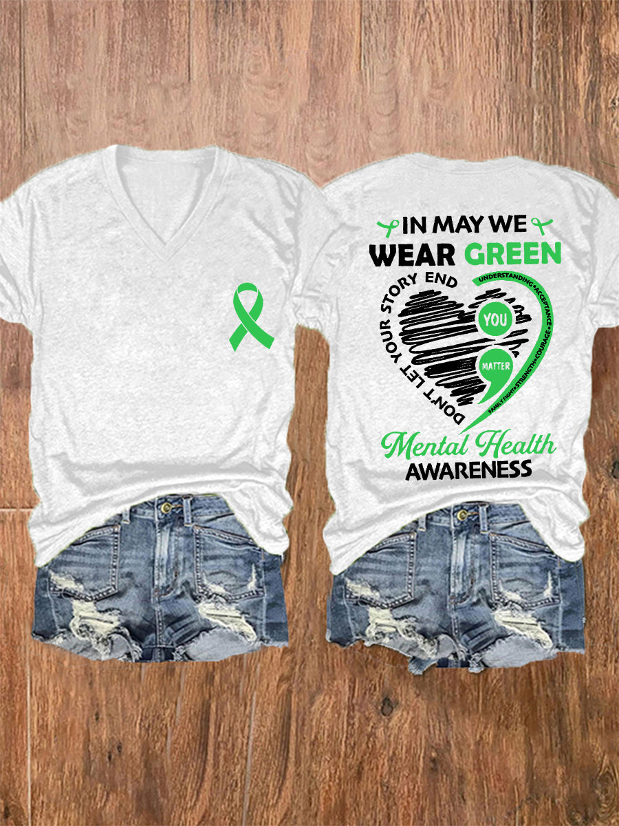 Women's In May We Wear Green Mental Health Awareness V-Neck Tee