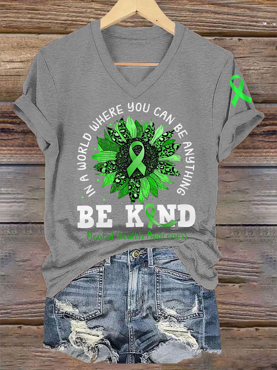 Women's Be Kind Mental Health Awareness Green Ribbon V-Neck Tee