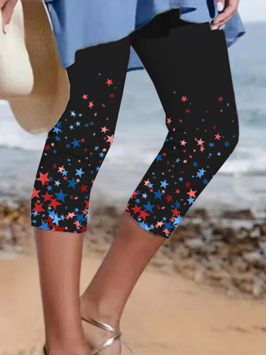 Women's Independence Day Red White Blue Stars Print Cropped Leggings