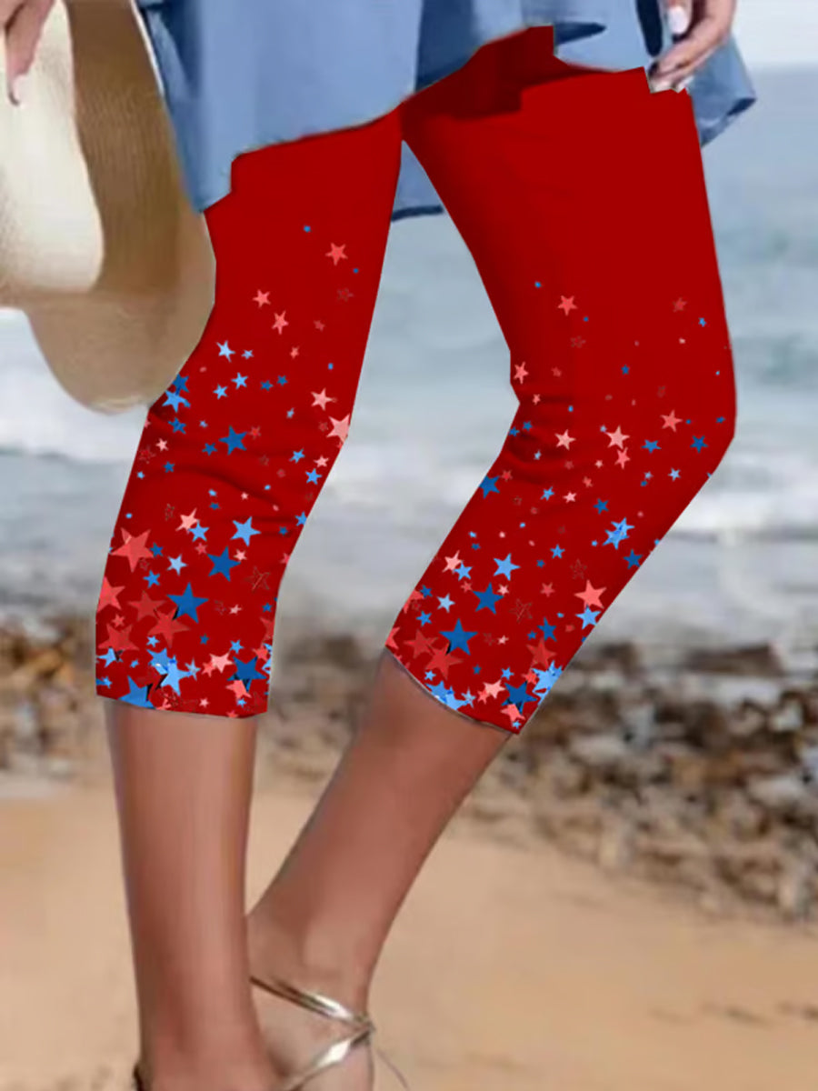 Women's Independence Day Red White Blue Stars Print Cropped Leggings