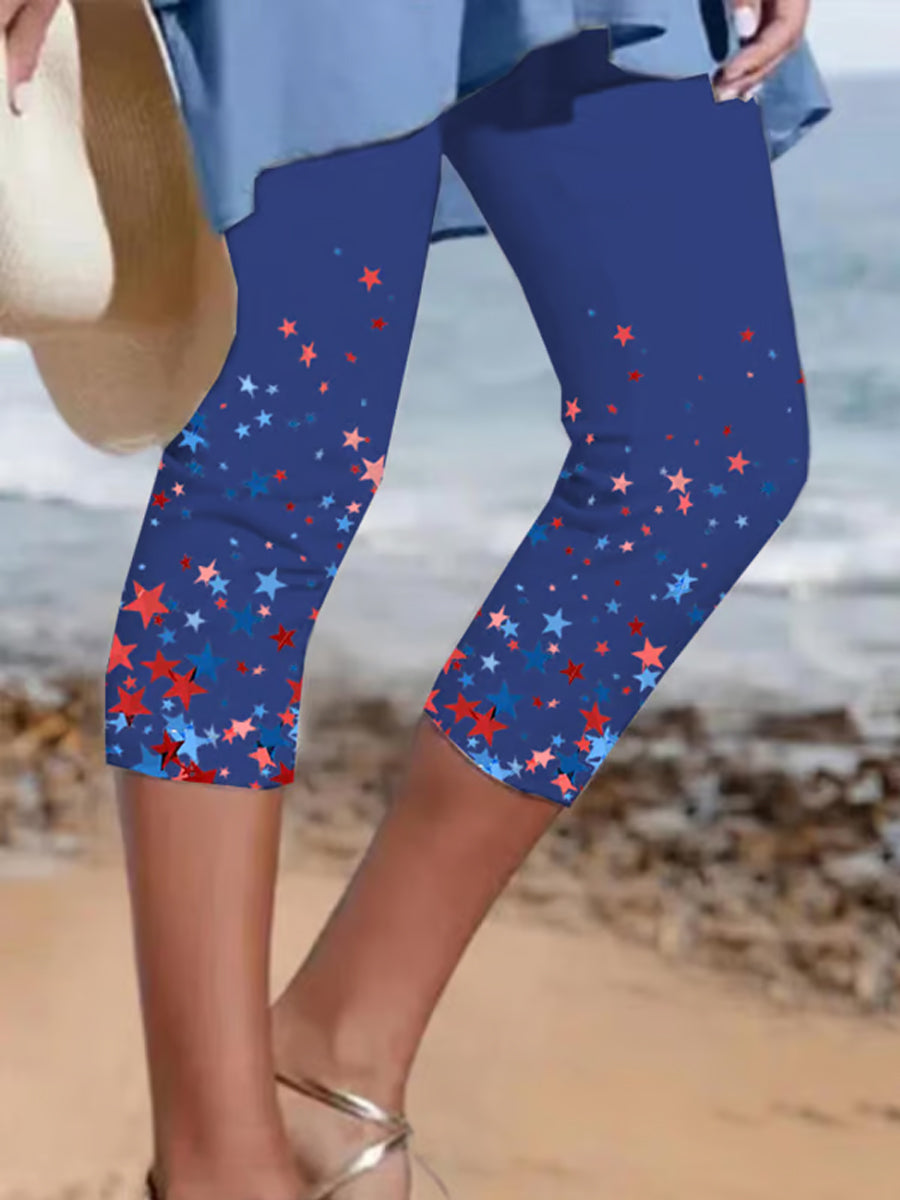 Women's Independence Day Red White Blue Stars Print Cropped Leggings