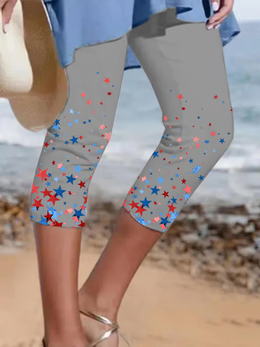 Women's Independence Day Red White Blue Stars Print Cropped Leggings