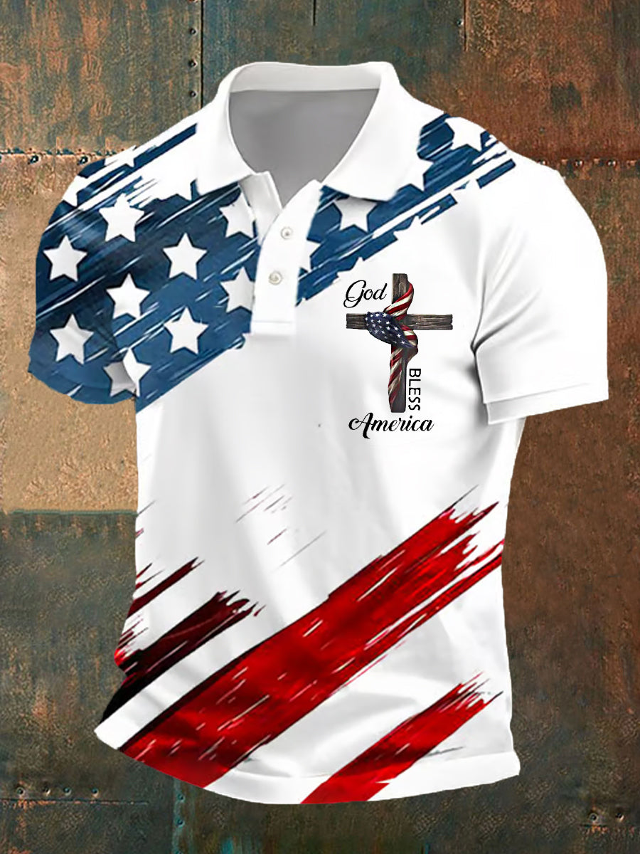 Men's God Bless America American Flag Cross Print Casual Polo