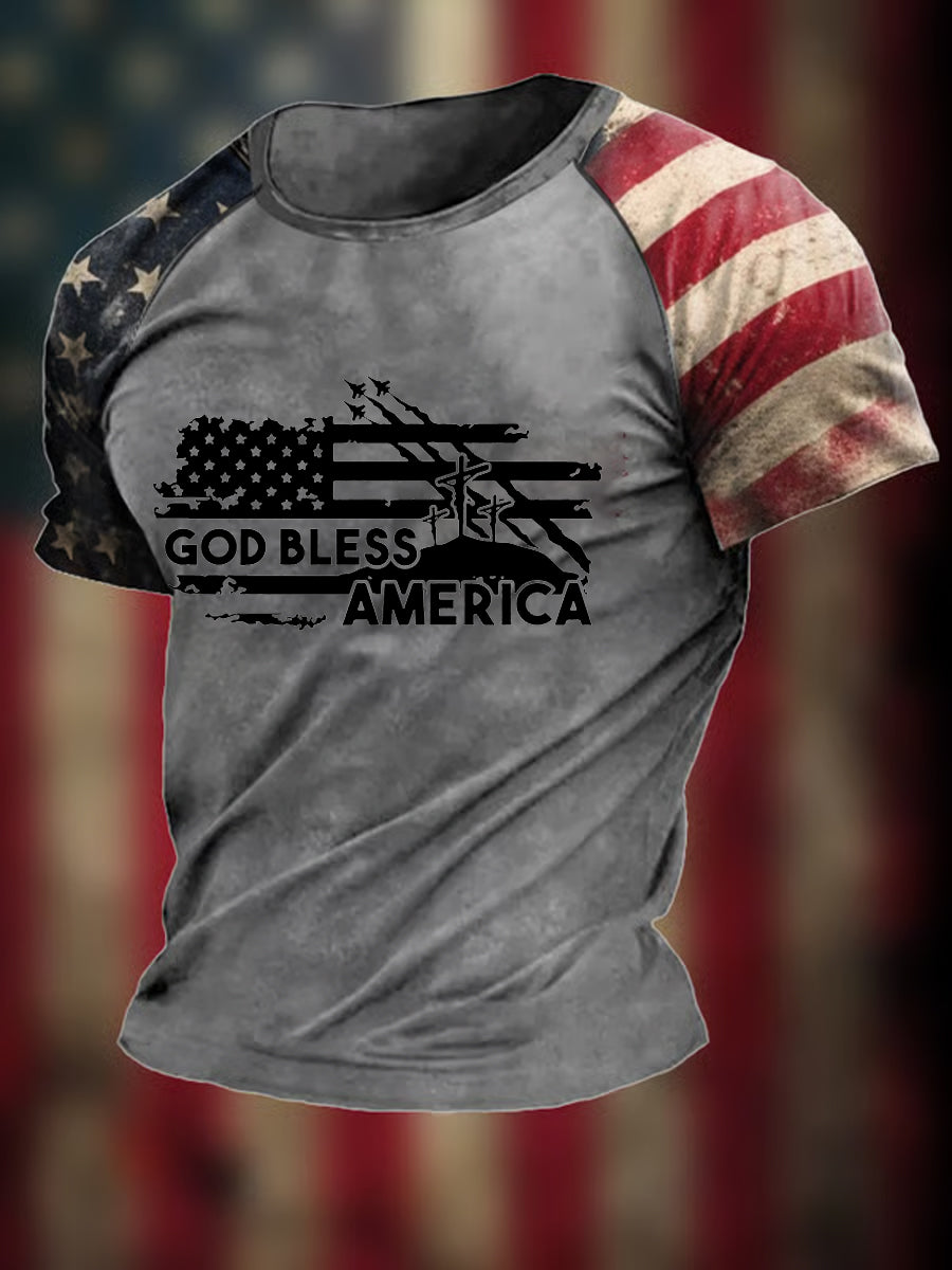 Men's God Bless America Christian Cross Flag Printed Short Sleeve T-shirt