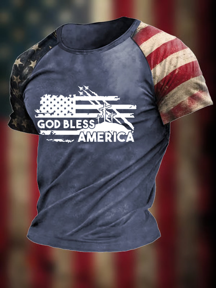 Men's God Bless America Christian Cross Flag Printed Short Sleeve T-shirt