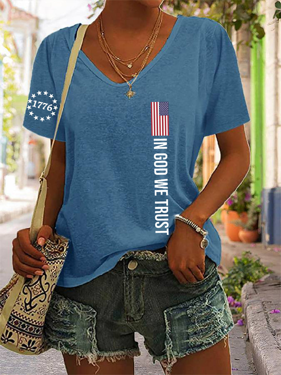 Women's In God We Trust Flag Printed Cotton V-neck T-shirt