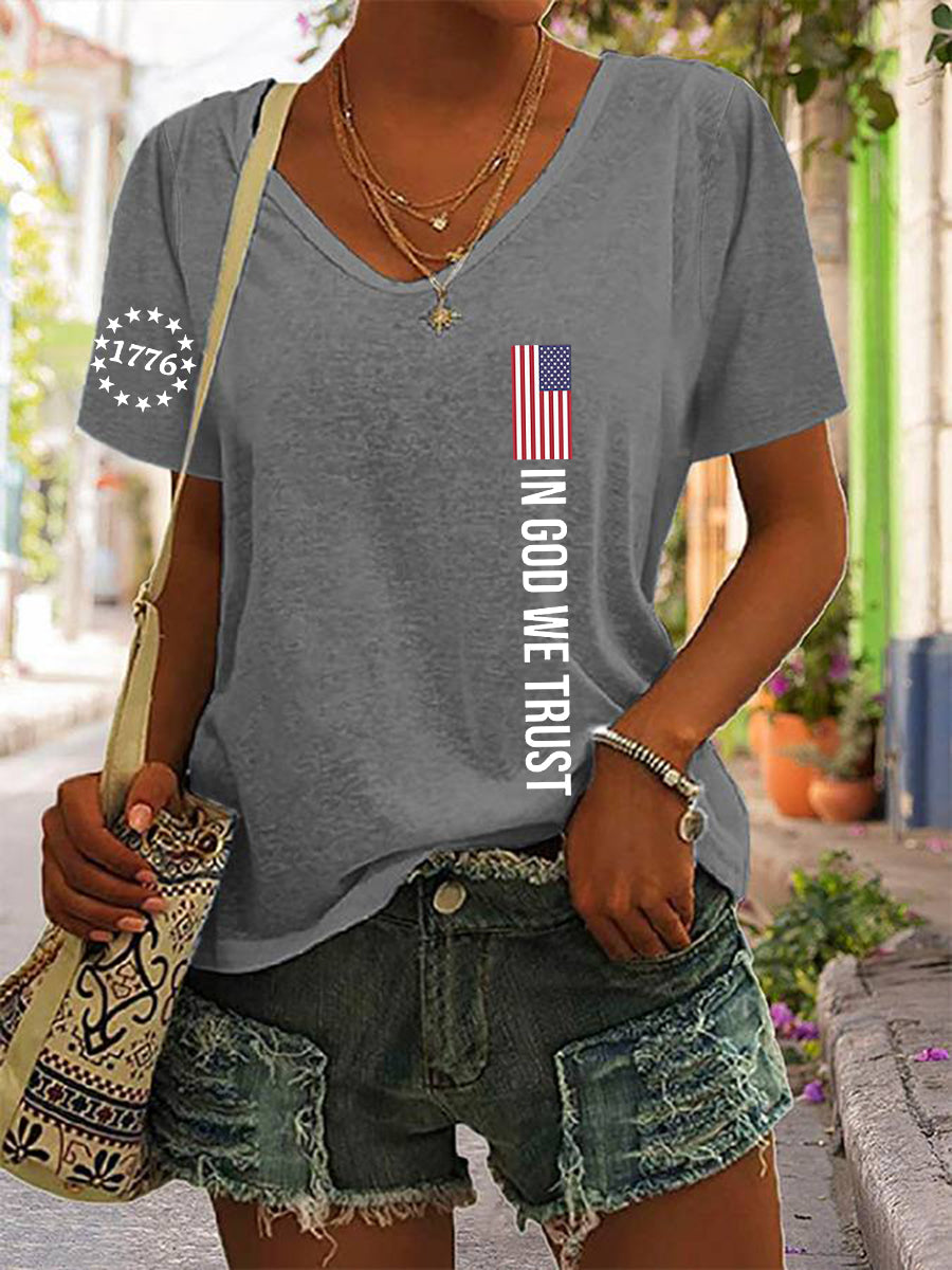 Women's In God We Trust Flag Printed Cotton V-neck T-shirt